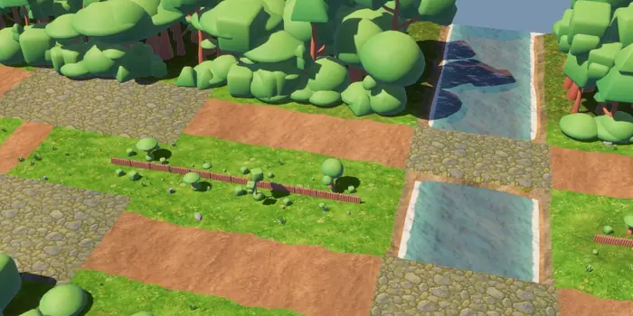The battlefield in Castle Lanes 0.9: dirt lanes and stone roads run across green build plots, a wooden fence marks a build grid, and the lanes cross a river on two stone bridges.