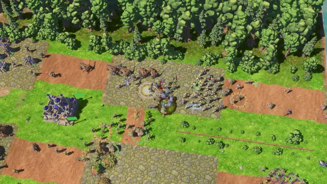 Castle Lanes seen from above: a castle, bases of buildings behind it and armies marching along both lanes.