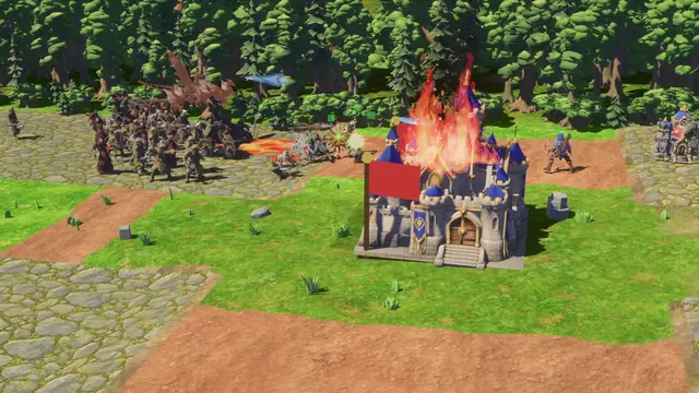 An army fights at the walls of a burning Vanguard castle in Castle Lanes.