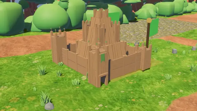 The Grove castle: a stockade of sharpened timber with a tall wooden keep.