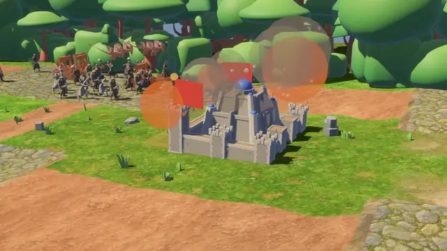 Fire bursts across the Vanguard castle as the attackers break through.