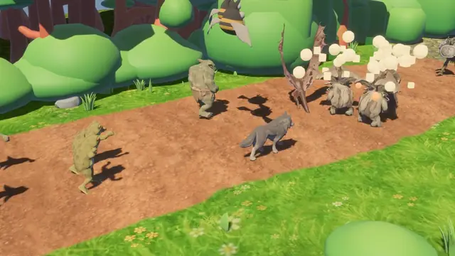 A Grove pack on the lane: a grey wolf, treant warriors and ogres pushing into the enemy line.
