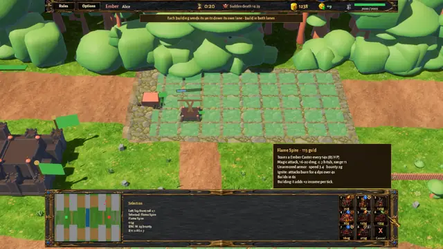 The build view with the HUD: the placement grid glows green on the lane, and a tooltip above the command panel lists the Flame Spire's cost and stats.