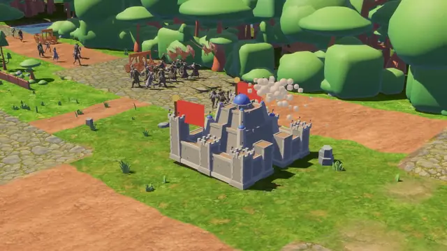 An army storms the walls of the Vanguard castle while catapults wait on the road behind.