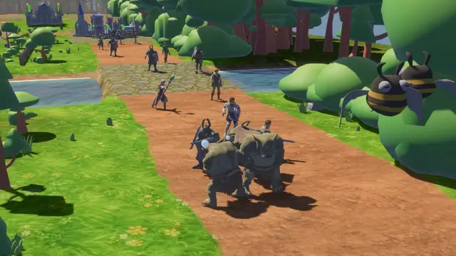 A Vanguard knight is caught between two Grove ogres on a dirt lane, a giant wasp hovering at the edge of the forest.